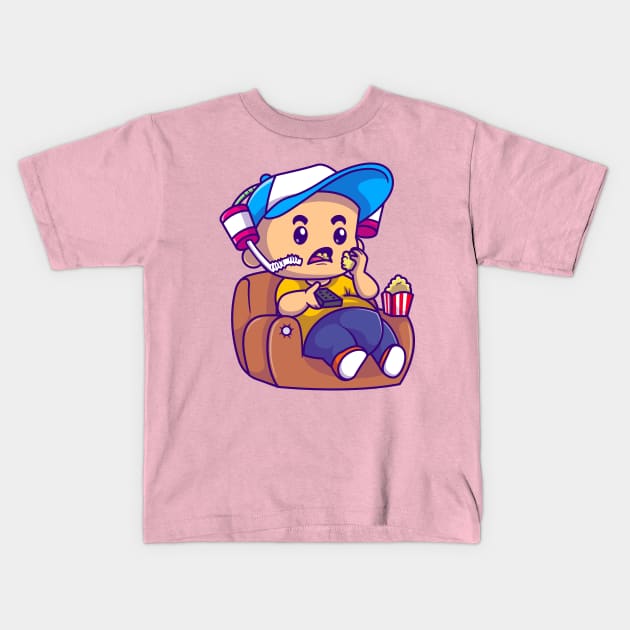 Cute Boy Eating Popcorn On Sofa Cartoon Kids T-Shirt by Catalyst Labs